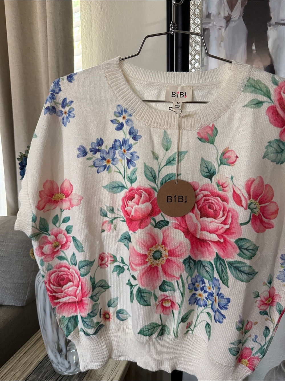 BiBi Cream Knit Crewneck Sweater with Pink Rose & Blue Floral Print